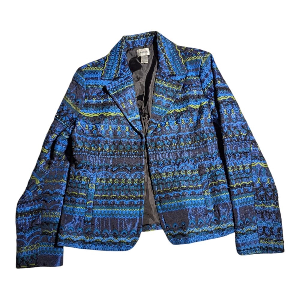 Vtg 1990s Chico's Blue Embroidered Satin Open Front Collared Blazer Jacket 1 M